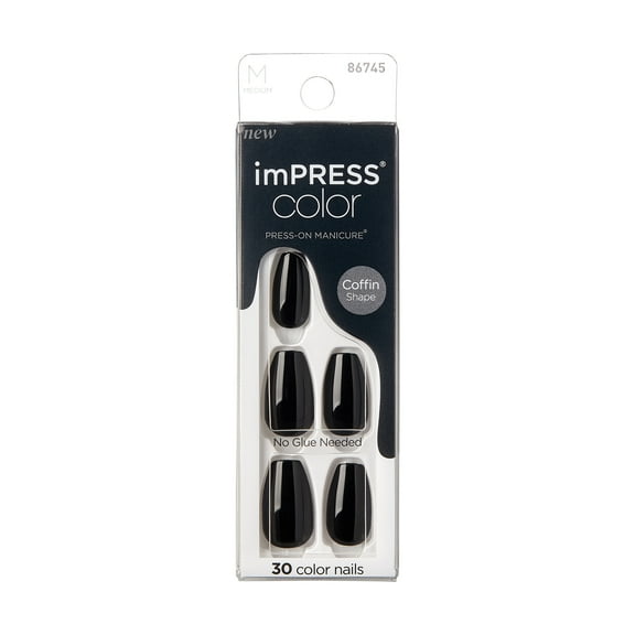 KISS imPRESS Color Medium Coffin Press-On Nails, ‘All Black’, 30 Count