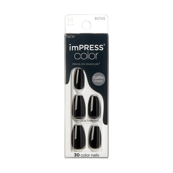 KISS imPRESS Color Medium Coffin Press-On Nails, ‘All Black’, 30 Count