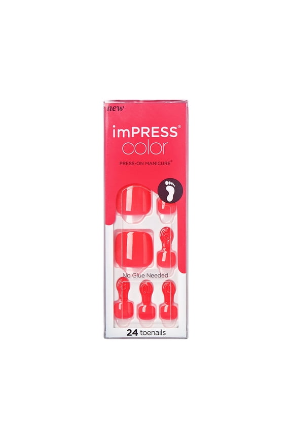 imPRESS Color Press-On Pedicure Fake Toenails, Short, Square, Deep Red, 33 Ct.