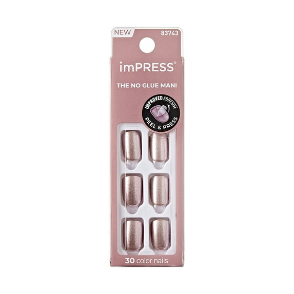 KISS imPRESS Color Press on Nails, Champagne Pink, Pink, Short Squoval, 30 Count
