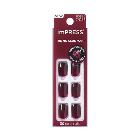 KISS imPRESS Color Press on Nails, Glitchin', Red, Short Squoval, 30 Count