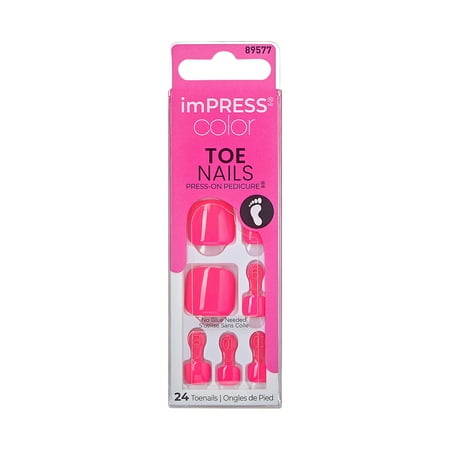 KISS imPRESS Color Square Press-On Toenails, Neon Pink, 24 Pieces