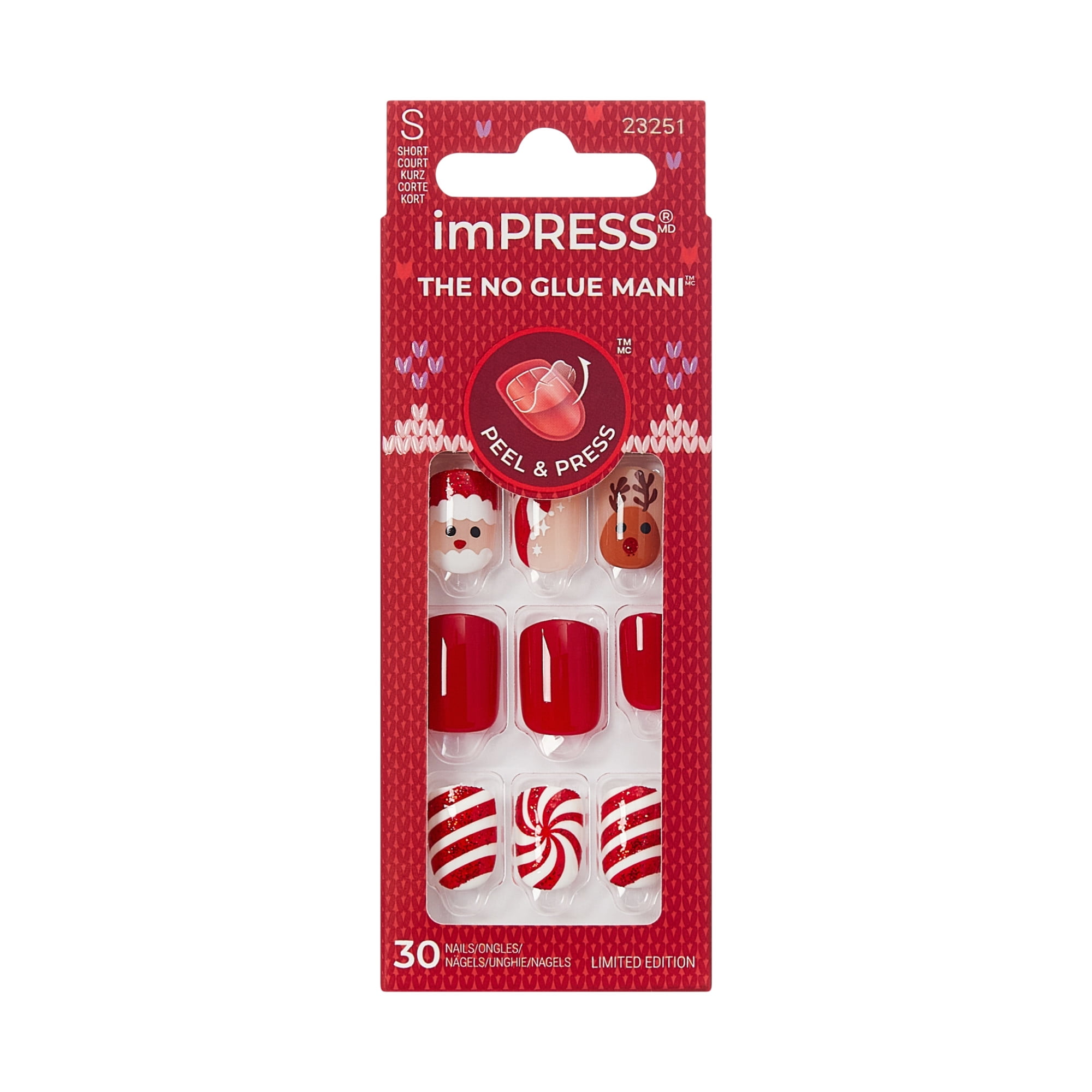 KISS imPRESS Holiday Press On Nails, Frost Kiss, Red, Short Squoval, 30 Count