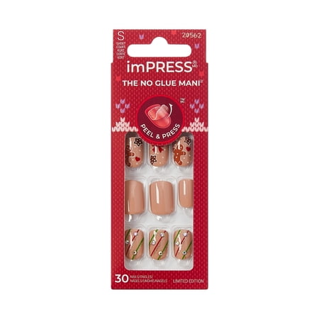 KISS imPRESS Design Holiday Press on Nails, Mistletoe Kiss, Brown, Short Squoval, 30 Count
