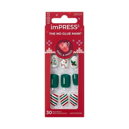 KISS imPRESS Design Holiday Press on Nails, Sugarplum, Green, Short Squoval, 30 Count