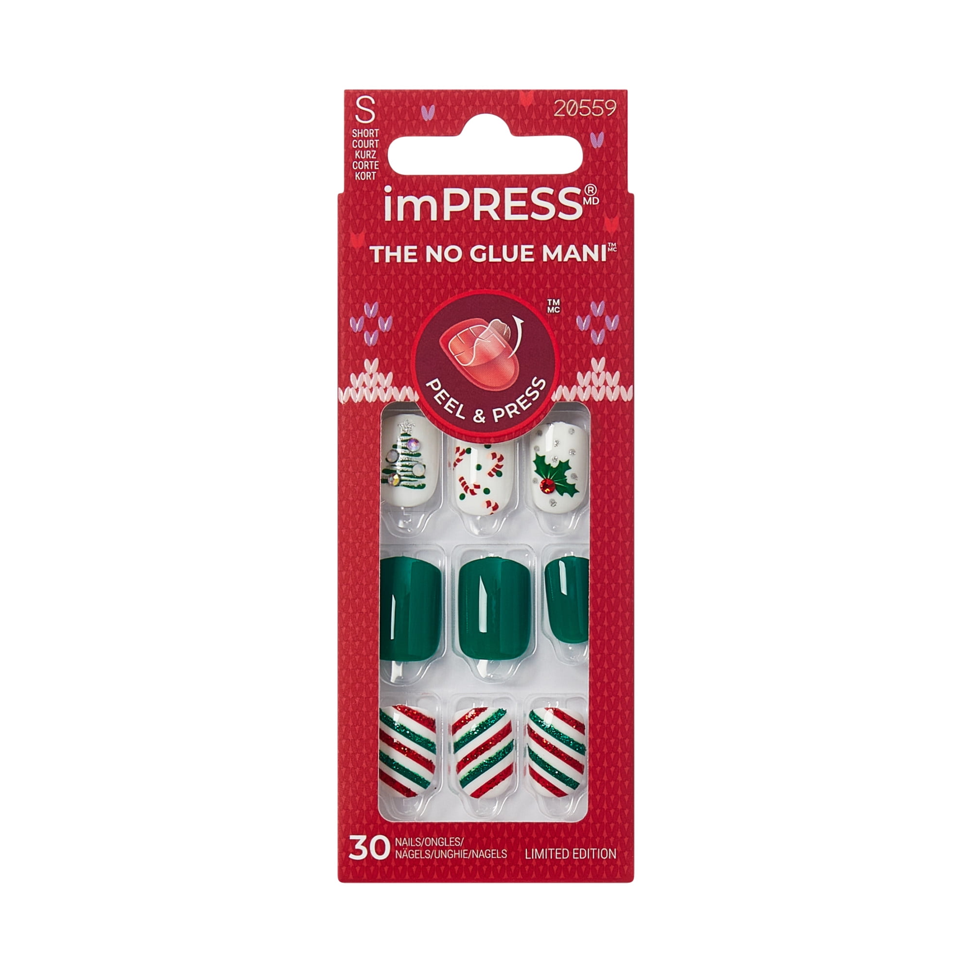 KISS imPRESS Holiday Press On Nails, Sugarplum, Green, Short Squoval, 30 Count