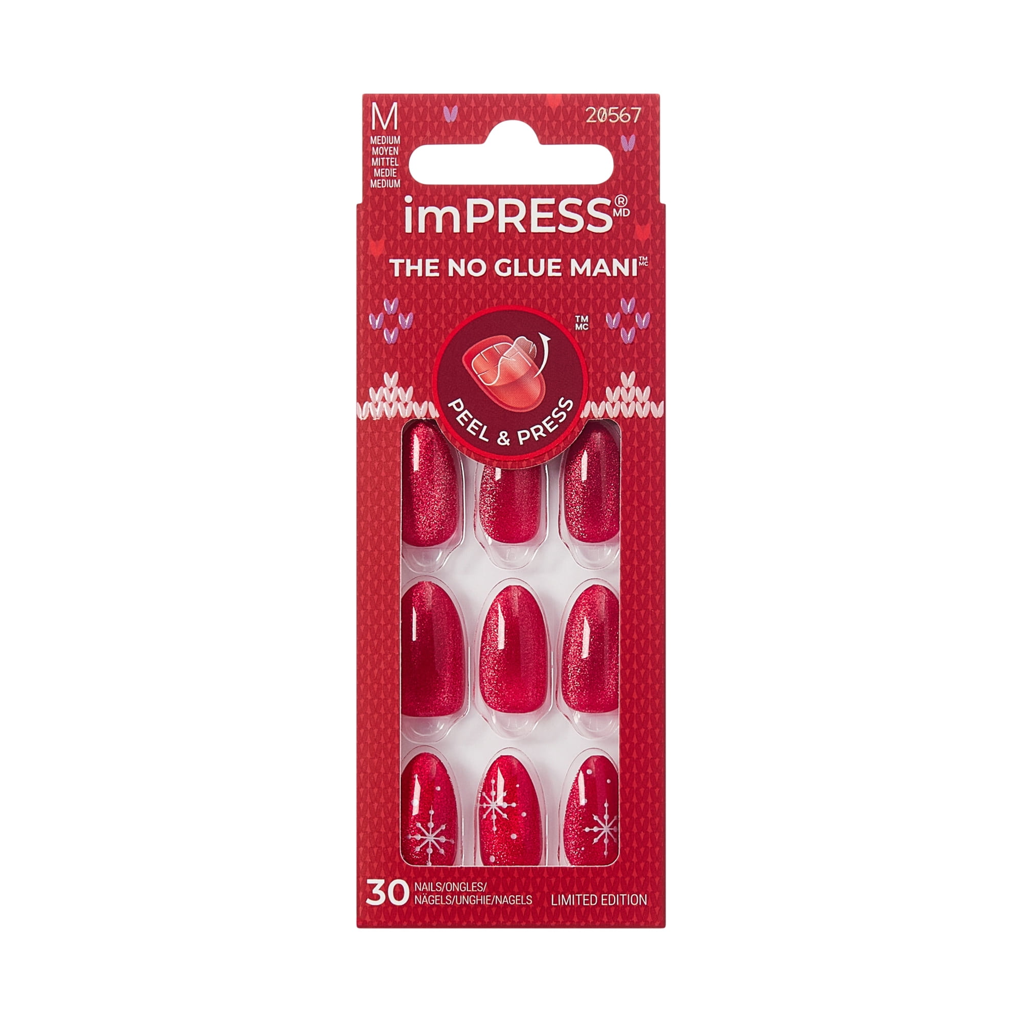 KISS imPRESS Holiday Press On Nails Almond, The Cute List,Red, Medium, 30 Count