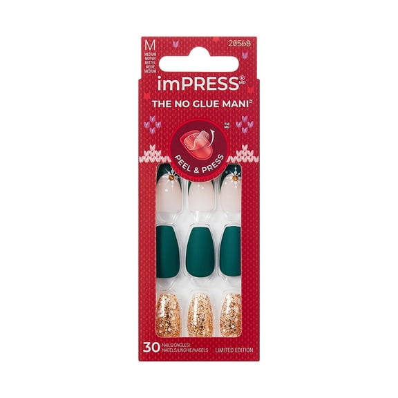 KISS imPRESS Holiday Press On Nails, The Gift,Green, Medium Coffin, 30 Count