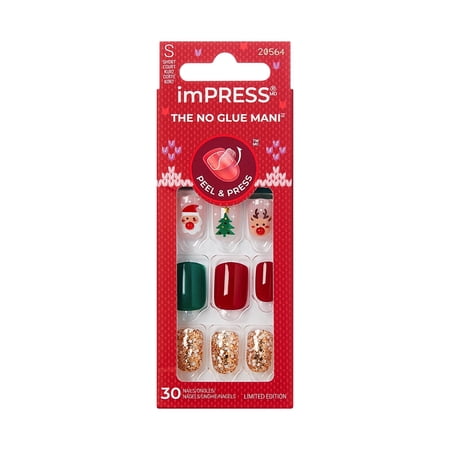 KISS imPRESS Design Holiday Press on Nails, The Magic, Red, Short Squoval, 30 Count