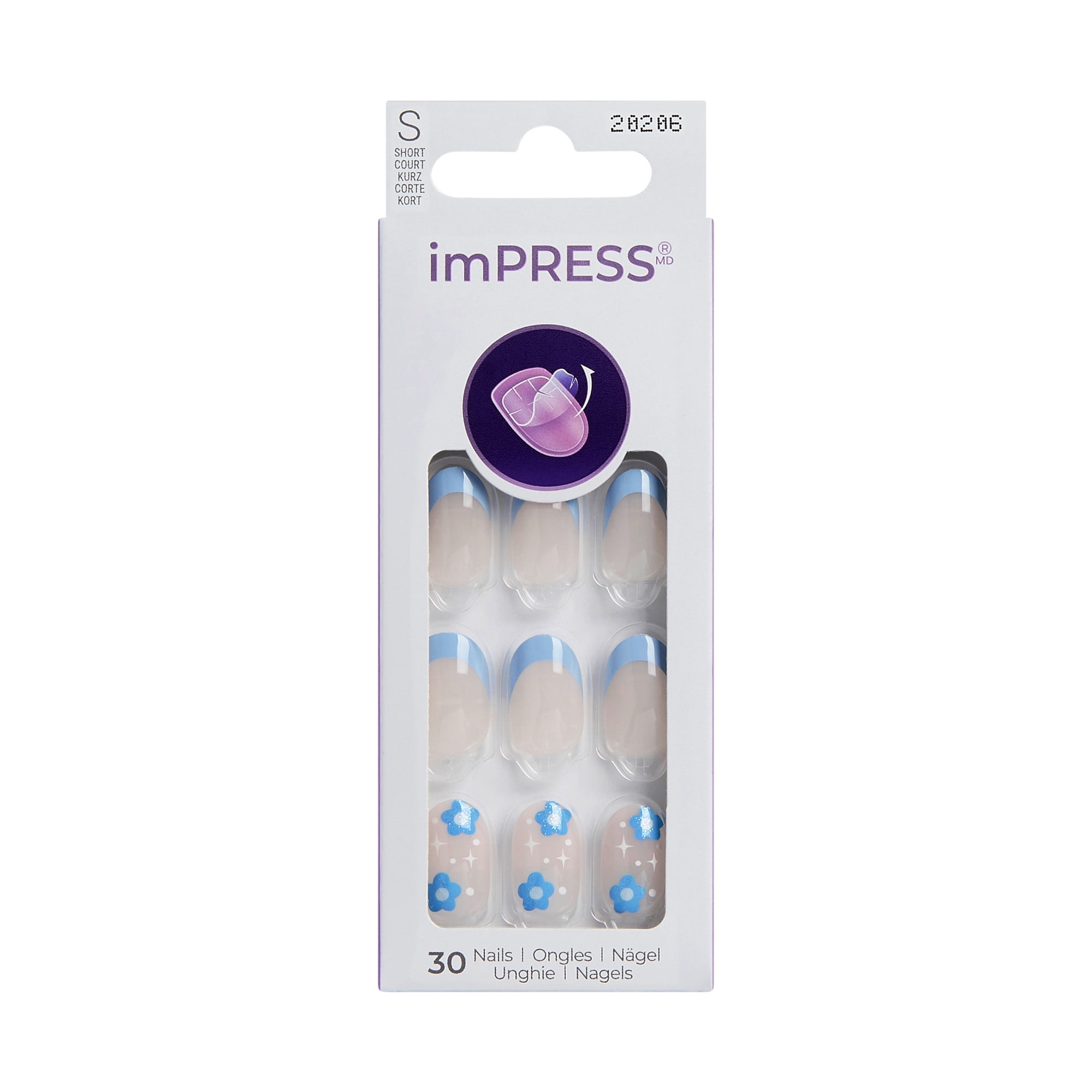 KISS imPRESS Design Press on Nails, Beach Please, Blue, Short Oval, 30 Count