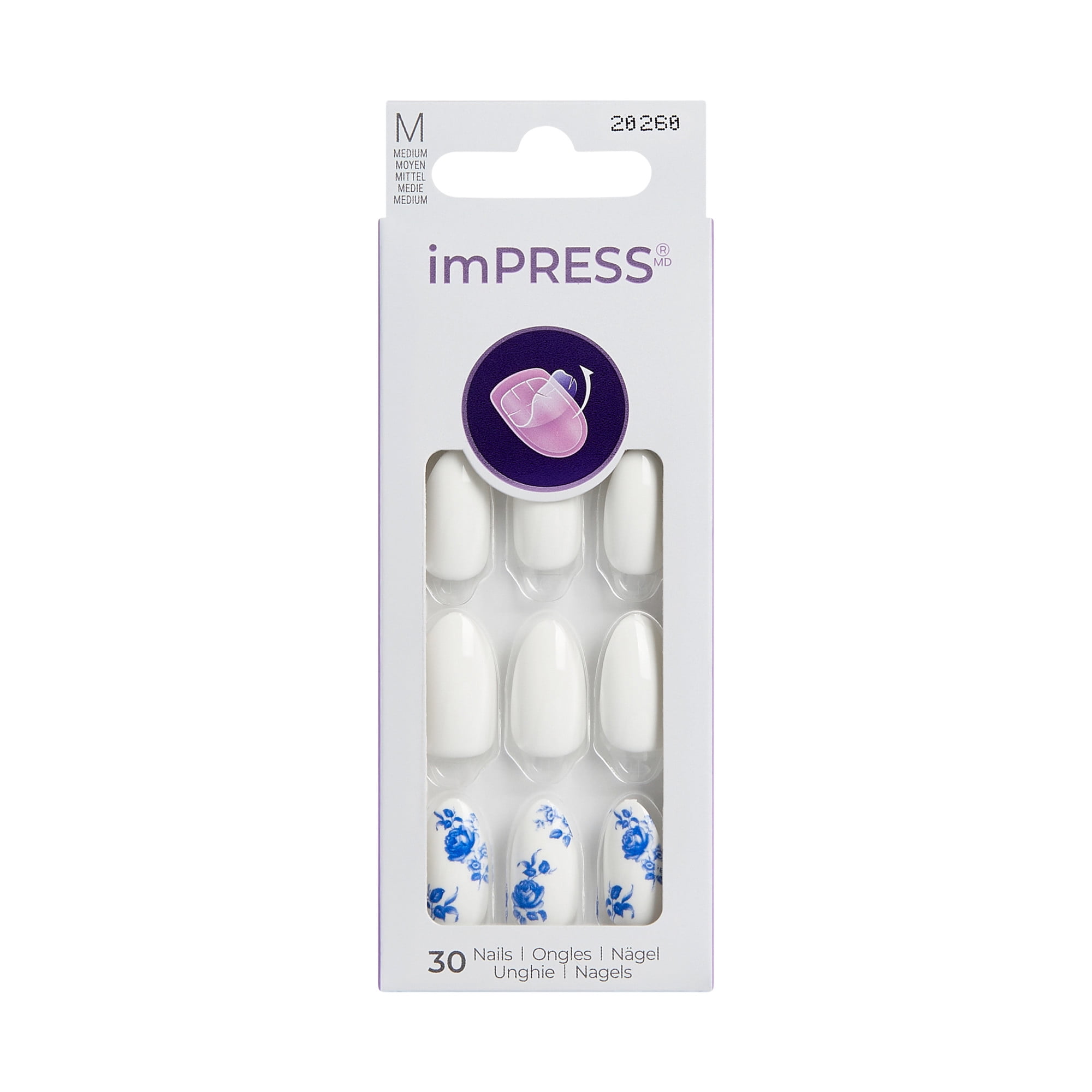 KISS imPRESS Design Press on Nails, Getaway Mode, Blue, Medium Almond, 30 Count
