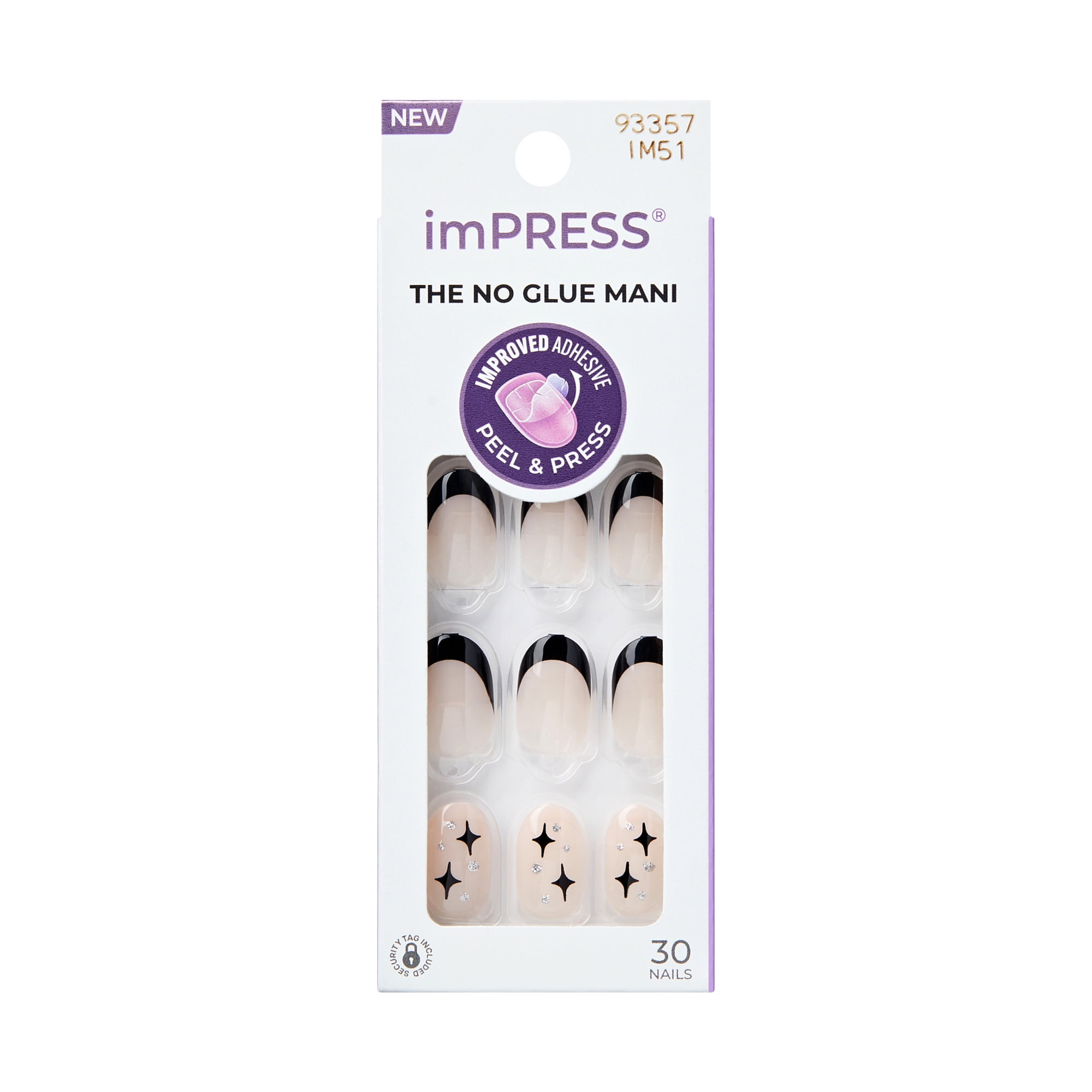 KISS imPRESS Design Press on Nails, Gold Ring, Black, Short Oval, 30 Count