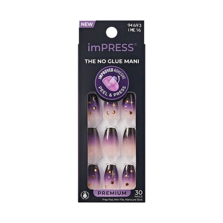 Kiss Impress Premium Press On Nails, ‘Party Night’, Purple, Medium Coffin, 30 Count