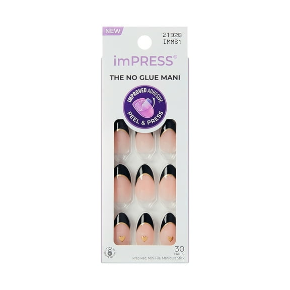 KISS imPRESS Press On Nails Almond, Positive, Black, Medium, 30 Count