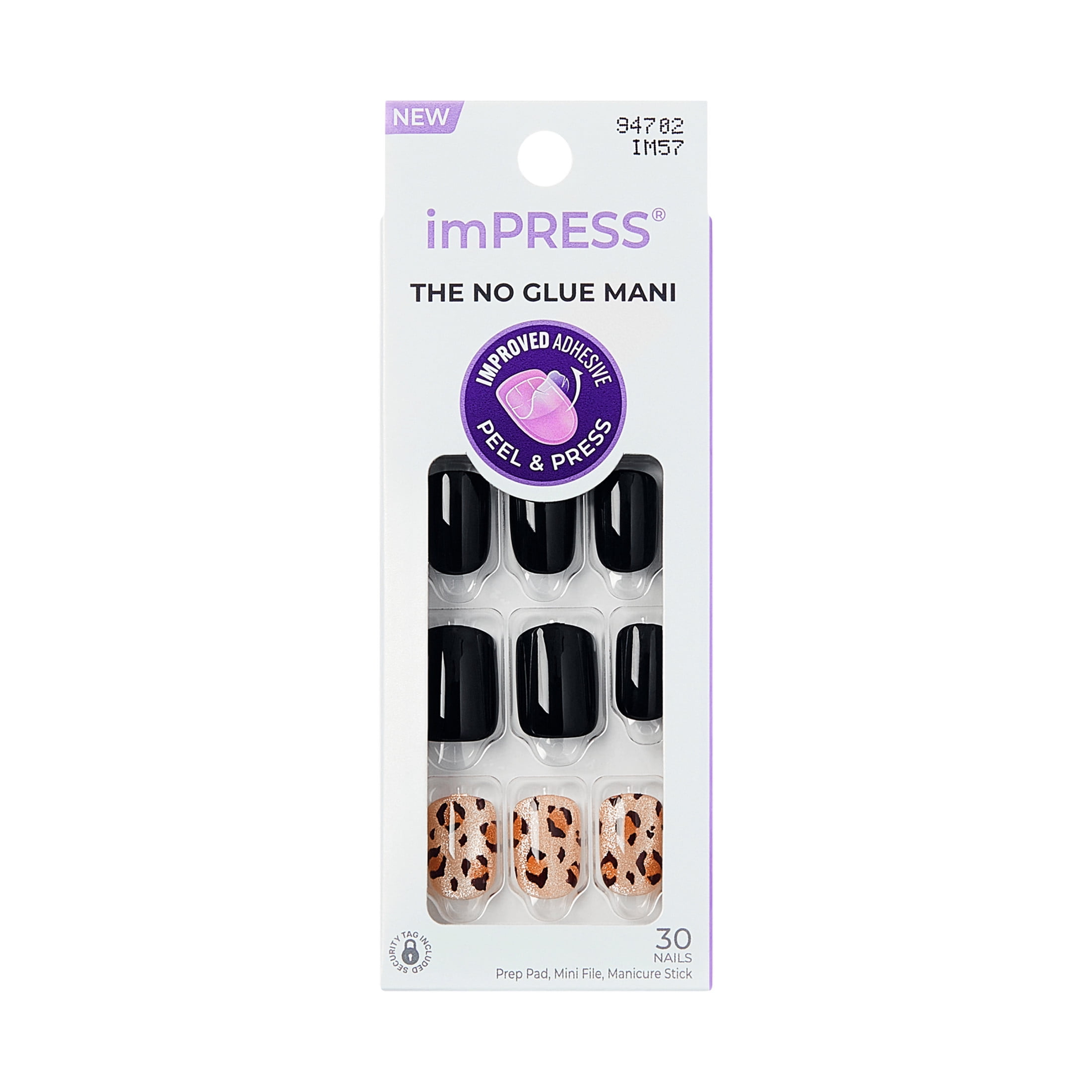 KISS imPRESS Design Press on Nails, Romantique, Black, Short Square Oval, 30 Count