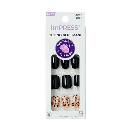 Kiss Impress Design Short Square Press on Nails, Black, 30 Pieces