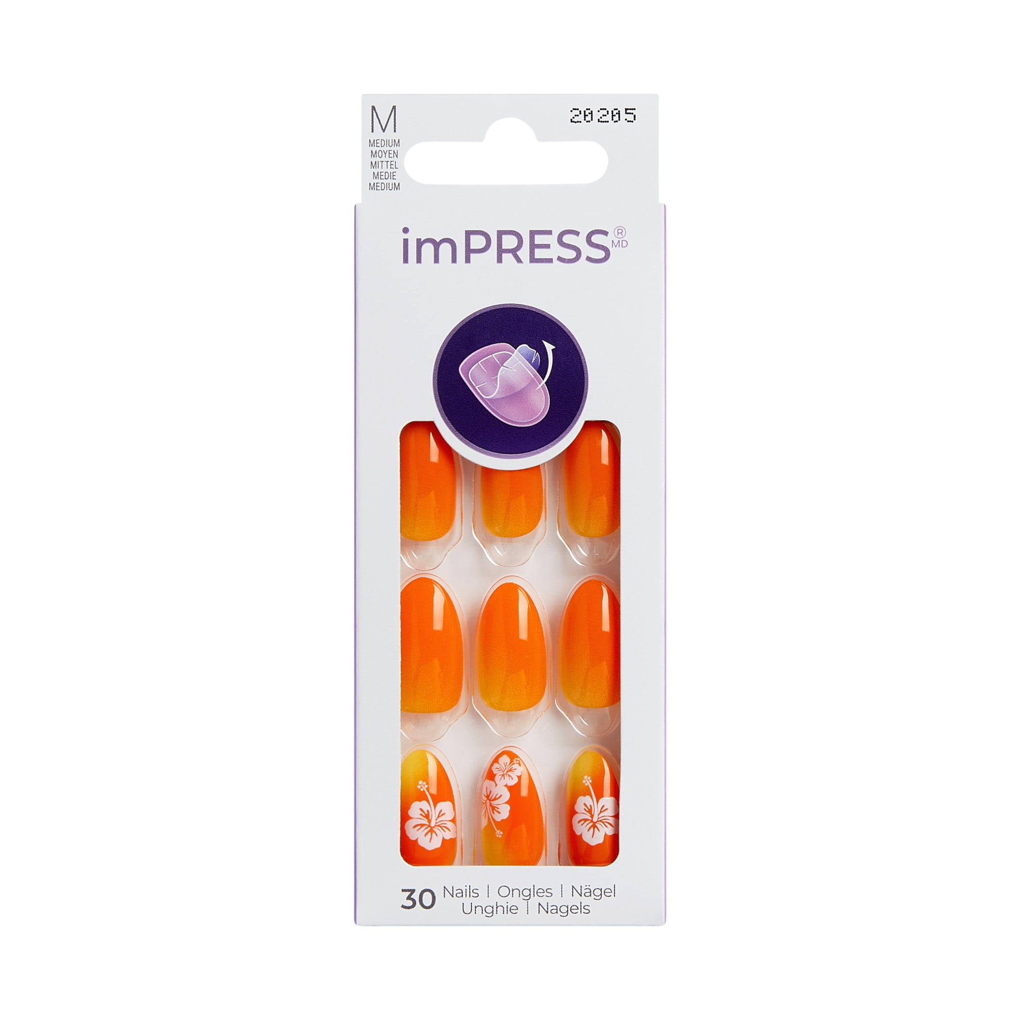 KISS imPRESS Design Press on Nails, Splashy, Orange, Medium Almond, 30 Count