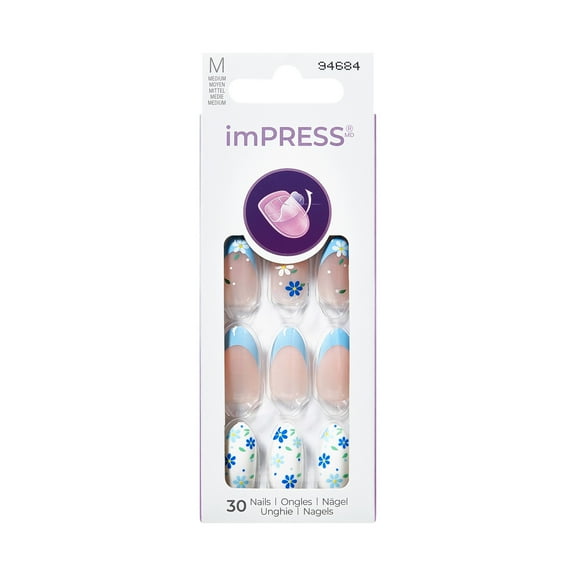 KISS imPRESS Design Press on Nails, Sunny Mood, Blue, Medium Almond, 30 Count