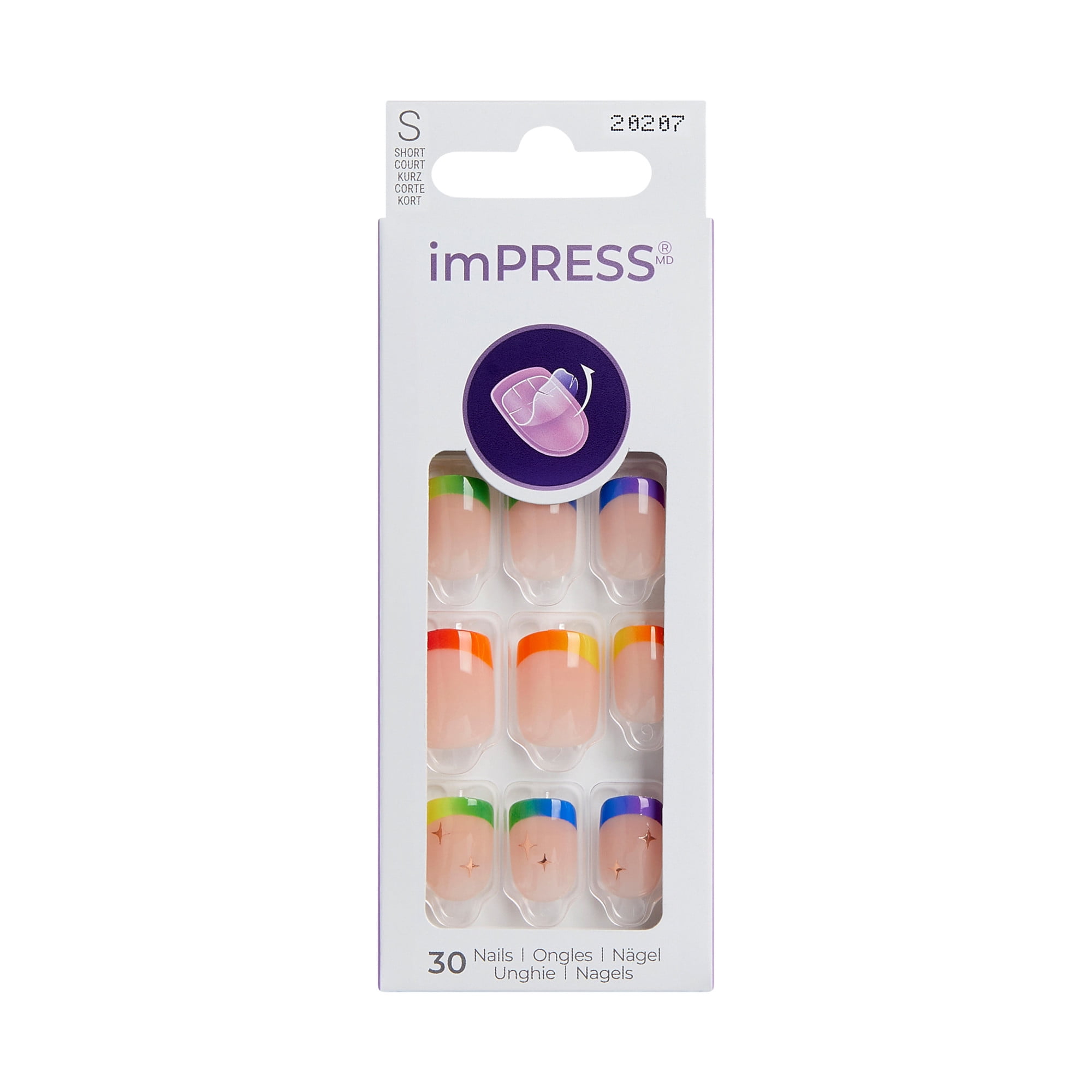 KISS imPRESS Design Press on Nails, Sunset Low, Multicolor, Short Squoval, 30 Count