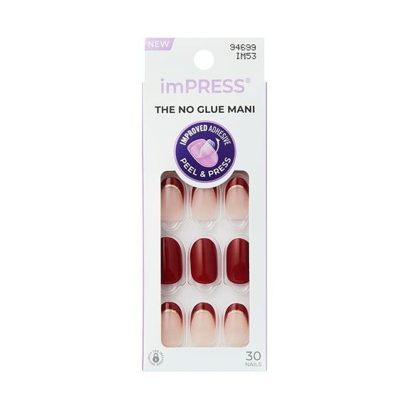 Kiss Impress French Tip Press On Nails, The Iconic, Burgundy, Short Oval, 30 Count