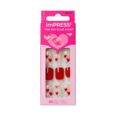 KISS imPRESS Valentine’s Day Press On Nails, Kiss to Remember, Short Squoval, 30 Count