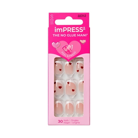 KISS imPRESS Design Valentine's Day Press on Nails, Sweetest Gift, White, Short Squoval, 30 Count
