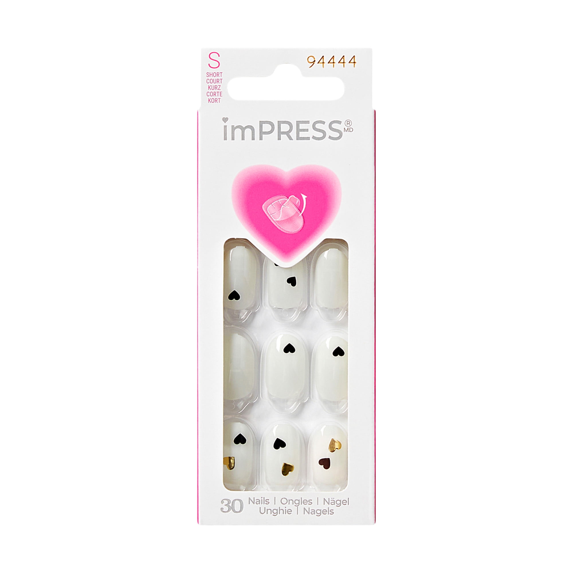KISS imPRESS Design  Valentine's Day Press on Nails, Two of Hearts, White, Short Oval, 30 Count