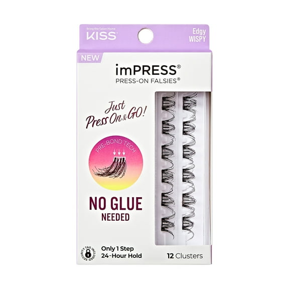 KISS imPRESS Falsies Press On Self Adhesive Eyelashes, Edgy, Black, 12 Lash Clusters