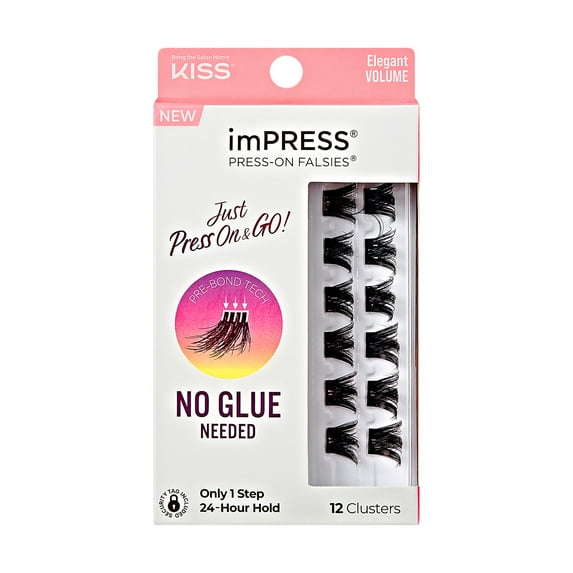 KISS imPRESS Falsies Press On Self Adhesive Eyelashes, Elegant, Black, 12 Lash Clusters