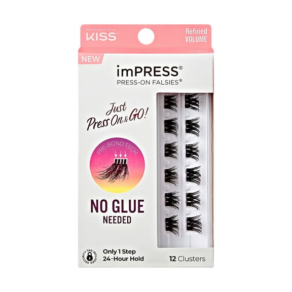 KISS imPRESS Falsies Press On Self Adhesive Eyelashes, Refined, Black, 12 Lash Clusters