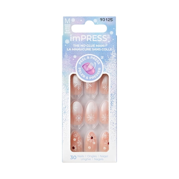 KISS imPRESS Holiday Press on Nails, Design, Timeless Carols, Beige, Medium Almond, 30 Count
