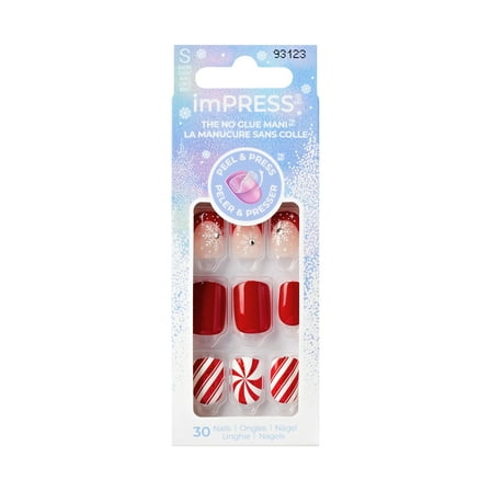 KISS imPRESS Holiday Press on Nails, Design, Winter Warmth, Red, Short Squoval, 30 Count