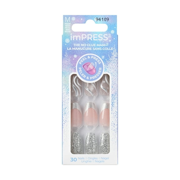 KISS imPRESS Holiday Press on Nails, Only Wish, Silver, Medium Coffin, 30 Count