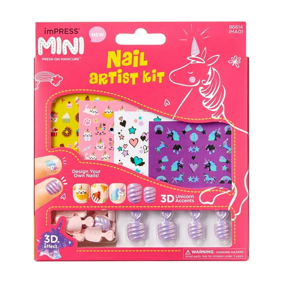 KISS imPRESS   Press on Nails, Nail Artist Kit, Pink, Kids Squoval, 26 Count