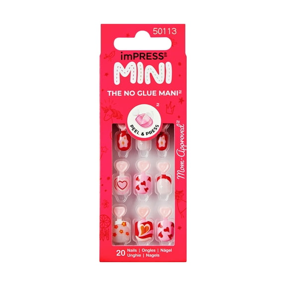 imPRESS MINI Valentines Day Press On Nails, Little Heart, Red, Kid Size Squoval, 21 Ct.