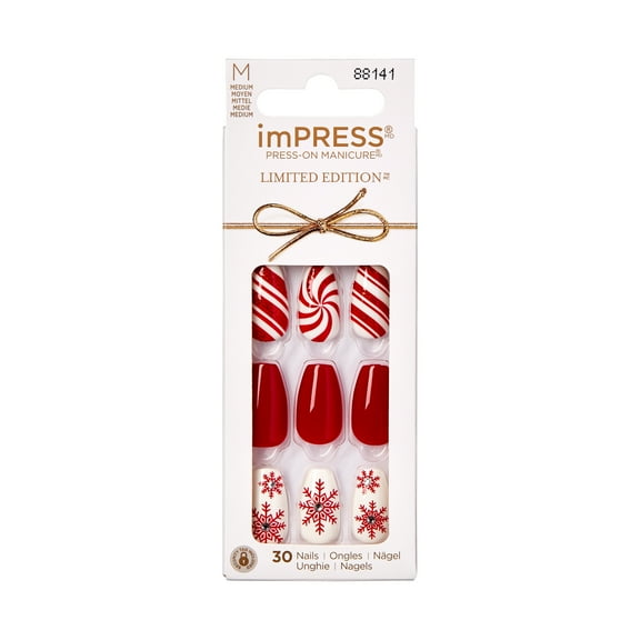 KISS imPRESS Limited Edition Holiday Medium Coffin Press-On Nails, Red,30 Pieces