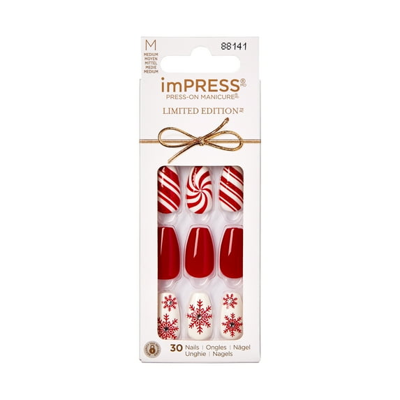 KISS imPRESS Limited Edition Holiday Medium Coffin Press-On Nails, Red,30 Pieces