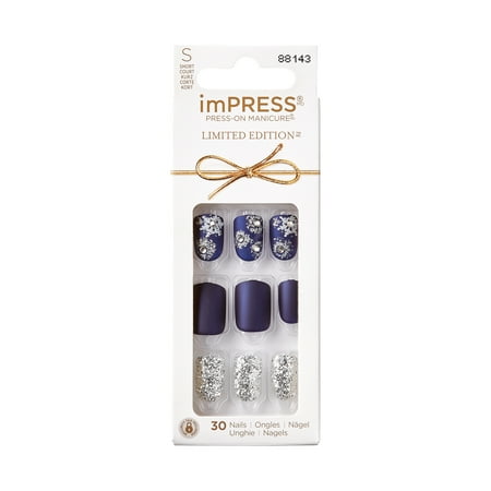 KISS imPRESS Limited Edition Holiday Short Squoval Press-On Nails, Blue,30 Pieces