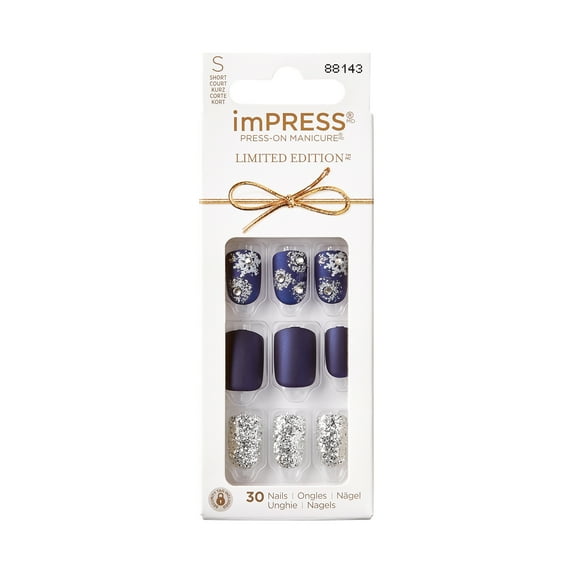 KISS imPRESS Limited Edition Holiday Short Squoval Press-On Nails, Blue,30 Pieces
