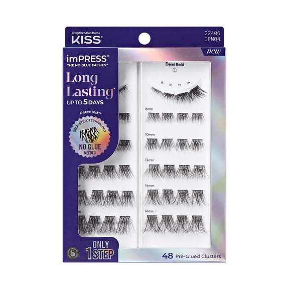 KISS imPRESS Long Lasting Pre-Glued Lash Clusters Kit, Demi Bold, 48 Self Adhesive Eyelashes