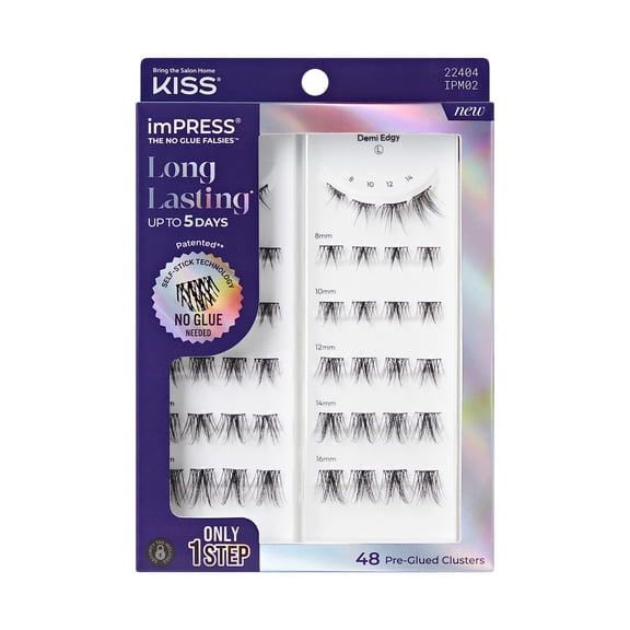 KISS imPRESS Long Lasting Pre-Glued Lash Clusters Kit, Demi Edgy, 48 Self Adhesive Eyelashes