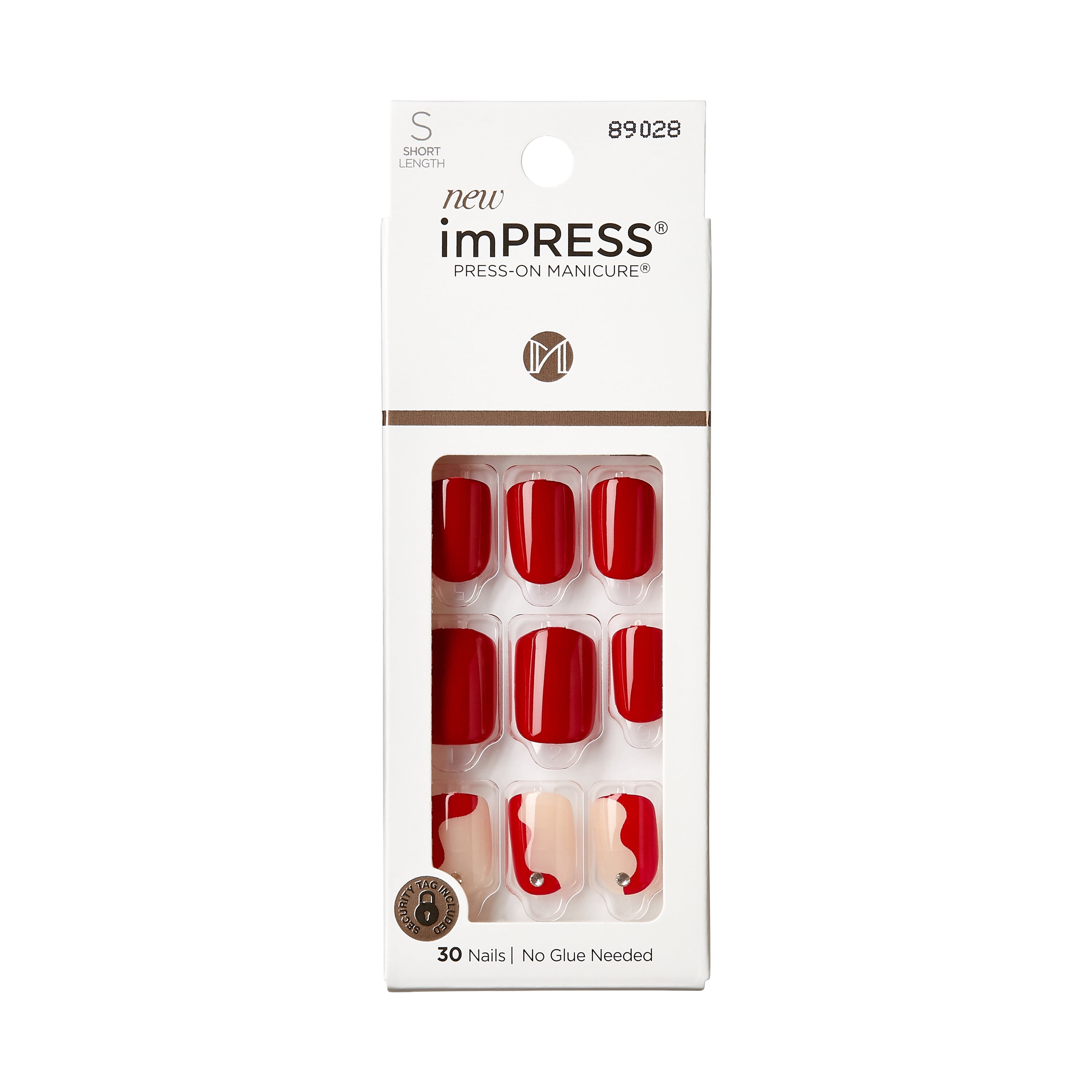 KISS imPRESS Long-Lasting Short Square Gel Press-On Nails, Glossy Medium Red, 'Adore You', 33 Ct