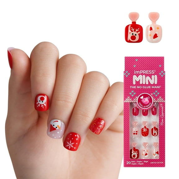 KISS imPRESS MINI Holiday Press On Nails, Cozy, Red, Kids Squoval, 20 Count