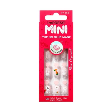 Kiss Impress Mini Easter Press On Nails for Kids, ‘Be Hoppy’, Pink, Squoval, 20 Count