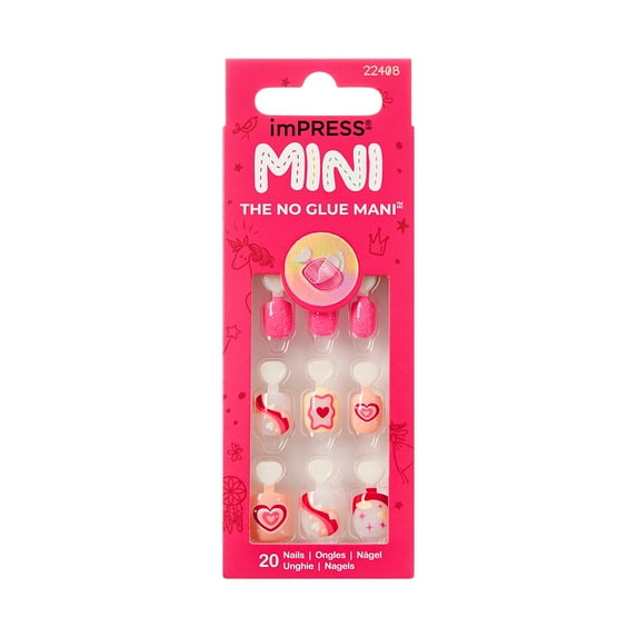 KISS imPRESS Mini Valentine's Day Press on Nails, Heart Wings, Red, Kids Squoval, 20 Count