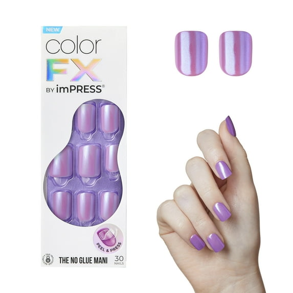 KISS imPRESS No Glue Needed Press On Nails, Color FX, Wonder, Purple, Short Squoval, 30 Count
