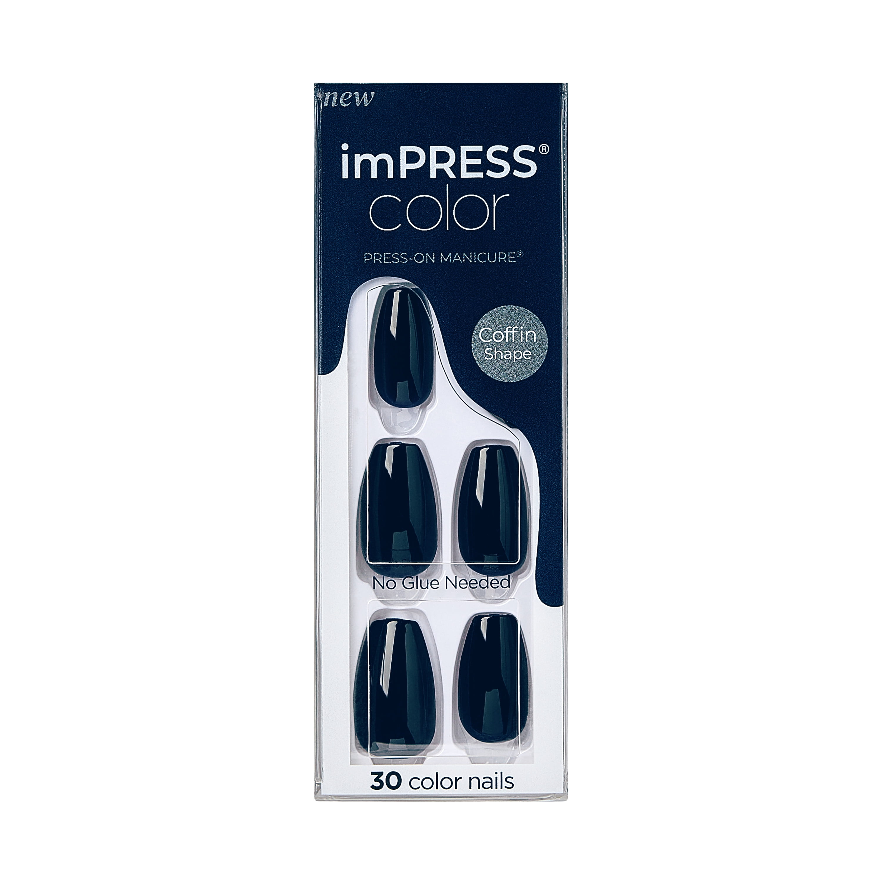 KISS imPRESS No Glue Needed Press On Nails, Color, Static, Blue, Medium Coffin, 30 Count