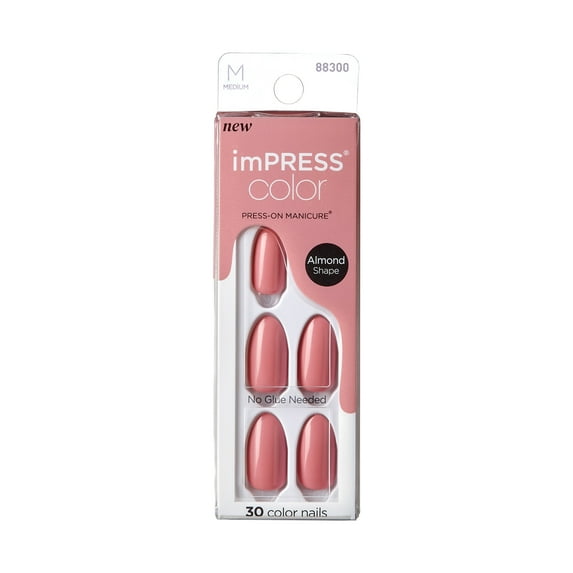 KISS imPRESS No Glue Needed Press On Nails, Color, Sweet Aroma, Pink, Medium Almond, 30 Count