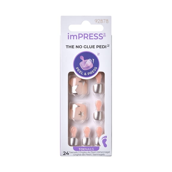 KISS imPRESS No Glue Needed Press On Nails, Design, Beach Date, Silver, Short Squoval, 24 Count