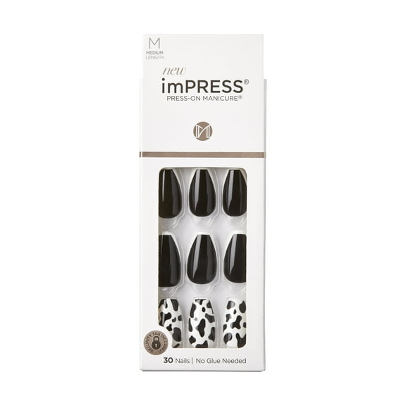 KISS imPRESS No Glue Needed Press On Nails, Design, Cowgirl, Black, Medium Coffin, 30 Count